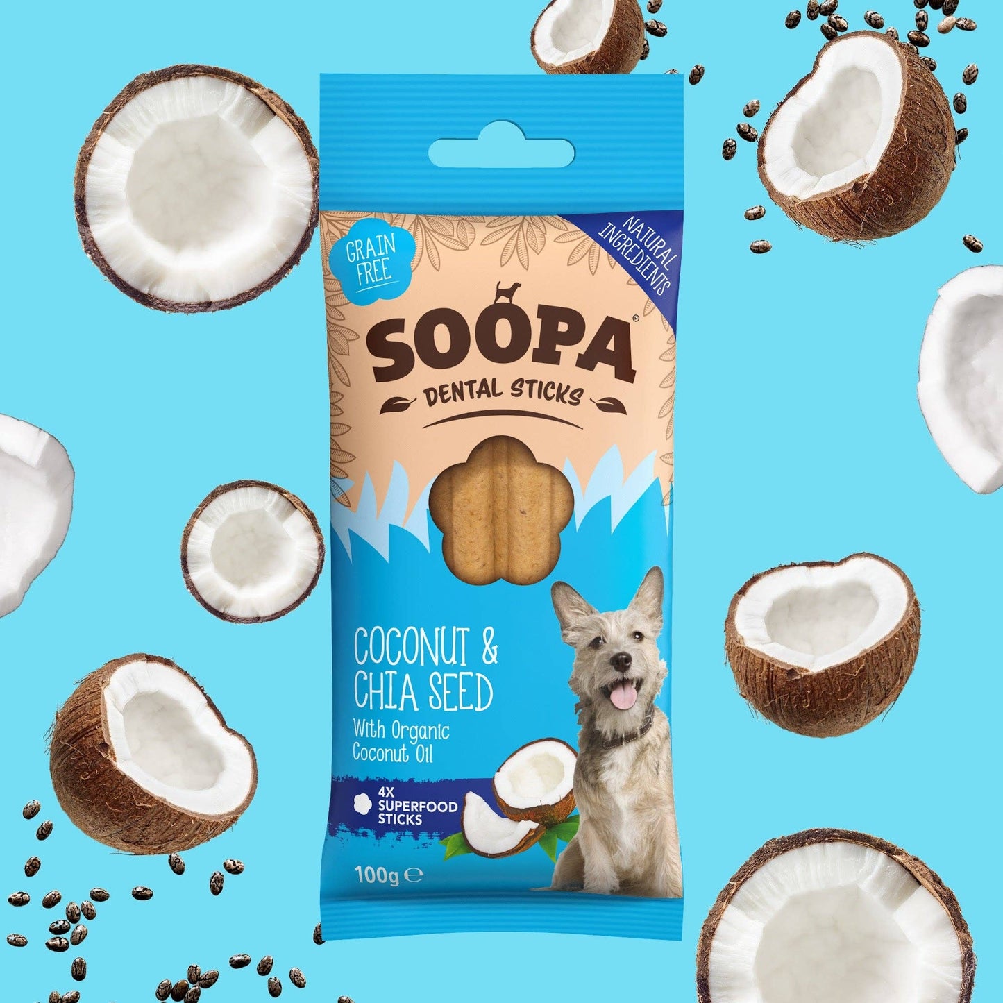 Bâtonnets dentaires pour chiens aux graines de noix de coco et de chia